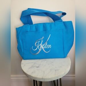 Blue Insulated Lunch Bag with "Kristen" Monogram and Name in Silver/White